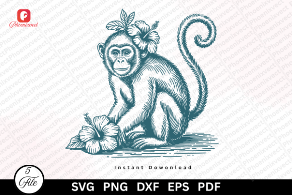 Download Hand Drawn Floral Vintage Monkey SVG PNG - Vintage Collection