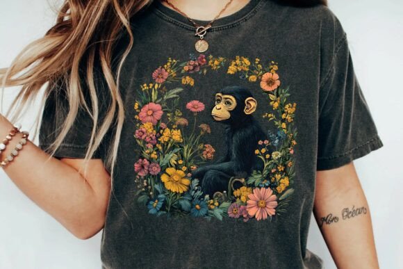Download Cute Chimpanzee Vintage Floral Wreath Botanical Monkey Sublimation Design Png - Vintage Collection