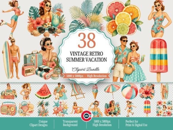 Download Vintage Retro Summer Vacation Clipart - Vintage Collection