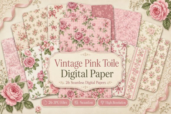 Download Vintage Pink Toile Digital Paper - Vintage Collection
